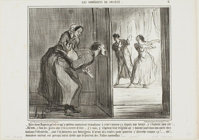 "- Hé, Baptiste, wat schreeuwen die twee al een uur... Ik weet zeker dat ze vechten! - Oh nee, ze maken zulke grappige bewegingen, dat is hilarisch... Ik heb het: ze repeteren een tragedie die ze zullen opvoeren op het feest van Madame Follemèche... Lu door Honoré Victorin Daumier
