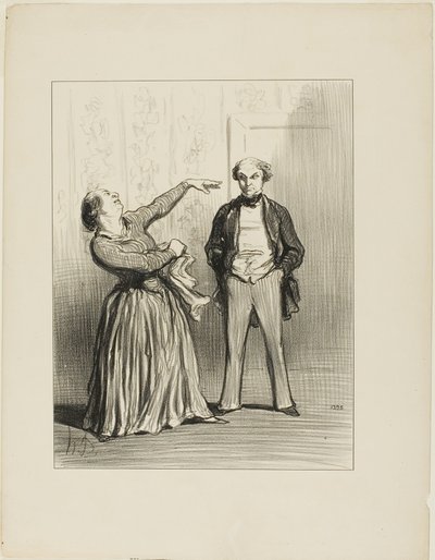 "- Echtgenoten zijn echt niet wat een ijdel volk graag gelooft!", plaat 3 uit Les Divorceuses door Honoré Victorin Daumier