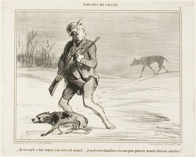 "- Ik vraag me af waarom dit beest me de hele tijd volgt... Ik betaal graag 6 sous om op een bus te springen," plaat 1 uit Émotions De Chasse door Honoré Victorin Daumier