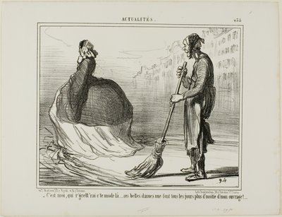 "- Ik zou het jammer vinden als deze mode ooit uit de mode raakt... deze dames doen de helft van mijn werk!," bord 438 van Actualités door Honoré Victorin Daumier