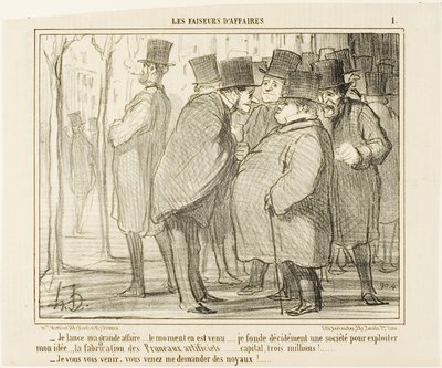 "- Ik ga naar de beurs met mijn bedrijf.... dit is het juiste moment... Ik richt een bedrijf op met een kapitaal van 3 miljoen frank..... voor de productie van kunstmatige pruimen! .... - Ik zie je al komen, je zult me om de pitten vragen," plaat 1 van Les door Honoré Victorin Daumier