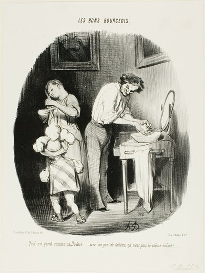 "- Is hij niet schattig zo, Dodore... met een beetje opruimen is hij gewoon niet meer hetzelfde kind!..," bord 37 van Les Bons Bourgeois door Honoré Victorin Daumier