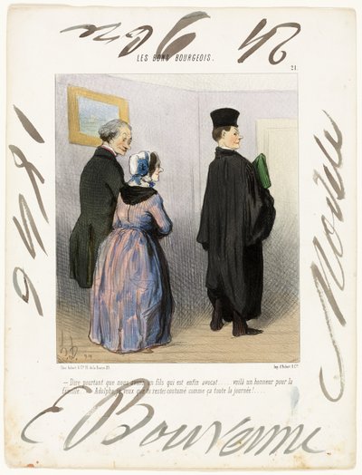 "- Is het niet prachtig om een zoon te hebben die advocaat is... wat een eer voor de familie... Adolph, ik wil dat je de hele dag zo gekleed blijft!...," plaat 21 uit Les Bons Bourgeois door Honoré Victorin Daumier