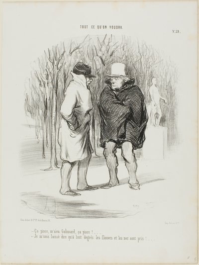 "- Het is nippy, meneer Galimard, het is nippy!... - Sta me toe te zeggen dat bij 8 graden de rivieren en de neuzen bevroren zijn...," plaat 39 uit Tout Ce Qu