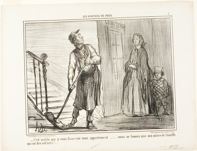 "Het heeft geen zin om je mijn appartement te laten zien. We verhuren niet aan moeders met kinderen," plaat 1 uit Les Portiers De Paris door Honoré Victorin Daumier