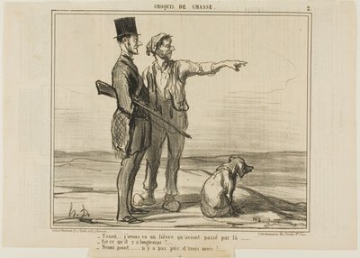 "Luister... Ik zag daar een haas... - Is dat lang geleden - Helemaal niet... het was nog geen drie maanden geleden...," plaat 2 van Croquis De Chasse door Honoré Victorin Daumier
