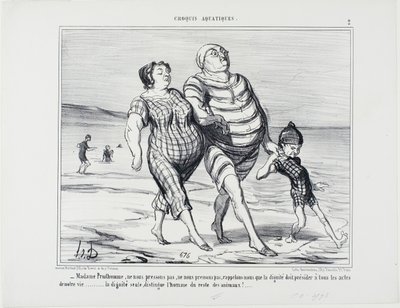 "- Madame Prudhomme, laten we ons niet haasten, laten we niet vergeten dat waardigheid alle handelingen in het leven moet beheersen... alleen waardigheid onderscheidt de mens van de rest van de dieren," plaat 2 uit Croquis Aquatiques door Honoré Victorin Daumier
