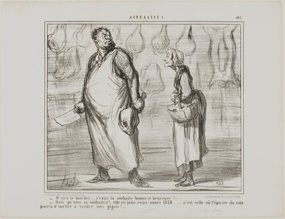 "- Mijnheer de slager, ik wens u een gelukkig en gezond Nieuwjaar... - Wat Dit wordt een mooi jaar, dit 1858... elke kruidenier om de hoek zal mijn schapenvlees kunnen verkopen!...," bord 481 uit Actualités door Honoré Victorin Daumier