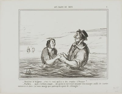 "- Mr.Lifeguard.... Is het waar dat er haaien zijn bij Dieppe - Natuurlijk... maar het is vrij eenvoudig... zodra je er een ziet die je komt opeten, hoef je alleen maar zijwaarts te gaan liggen. Hij zal je niet opeten uit angst dat je stikt," bord 1 van Au door Honoré Victorin Daumier