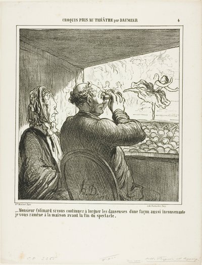 "- Meneer Colimard, als u niet onmiddellijk ophoudt met zo onbetamelijk naar de danseressen te lonken, breng ik u voor het einde van de voorstelling naar huis!", plaat 4 uit Croquis Pris Au Théatre par Daumier door Honoré Victorin Daumier