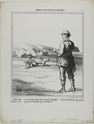 "- Oh ontploffing! .... het is weer mijn eigen hond die ik heb neergeschoten..... dat is de derde in twee jaar.... Ik heb echt niet veel geluk met jagen!", plaat 6 uit Croquis D