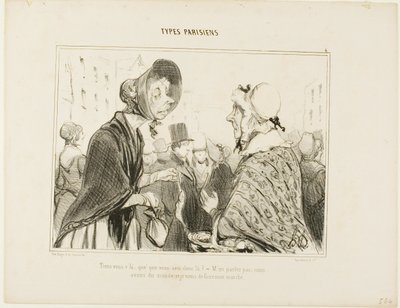 "- Oh, hier ben je..... wat heb je daar ..... - Laten we er niet over praten.... we hebben gasten, en ik heb net boodschappen gedaan," plaat 6 uit Types Parisiens door Honoré Victorin Daumier