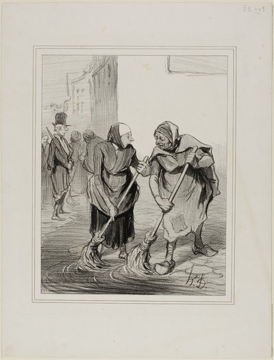 "Zeg eens, Madame. Giboulard ... bent u het er niet mee eens dat het niet erg aangenaam is voor vrouwen van ons geslacht, om elke dag zo naar beneden te komen, de goten van St. Honoré schoon te maken ... - Dat is waar, Madame Chaffarou, maar we kunnen onsz door Honoré Victorin Daumier