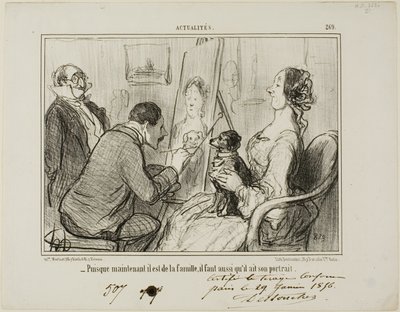 "- Omdat hij nu deel uitmaakt van de familie, moet hij ook geportretteerd worden", plaat 269 uit Actualités door Honoré Victorin Daumier