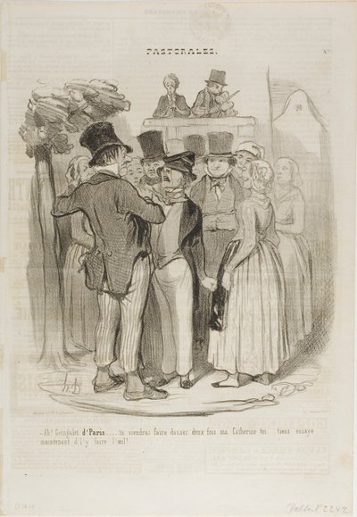 "- Zo, Gringalet uit Parijs! .... je zult twee keer dansen met mijn Catherine ...... probeer nu nog maar eens schapenogen naar haar te maken," plaat 27 uit Pastorales door Honoré Victorin Daumier