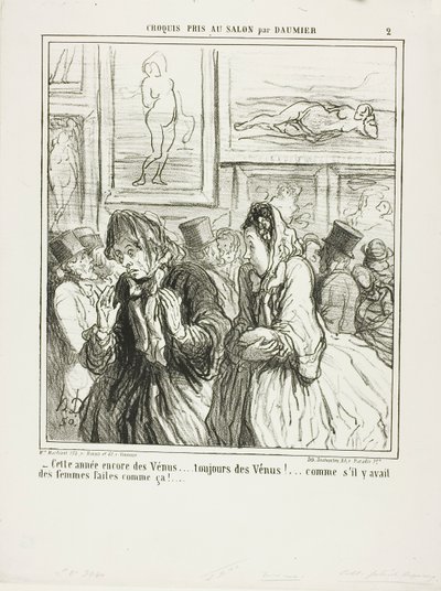 "- Nog meer Venussen dit jaar... altijd Venussen!... alsof er vrouwen zijn die zo gebouwd zijn!", plaat 2 uit Croquis Pris Au Salon par Daumier door Honoré Victorin Daumier