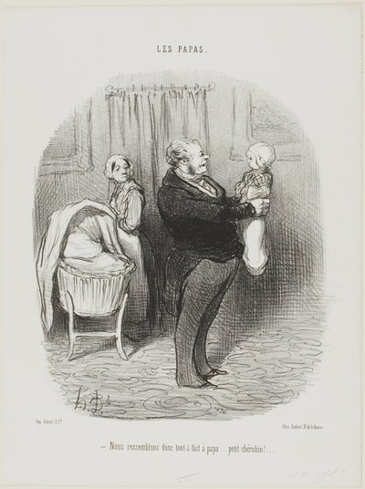 "- We lijken echt op papa, hè... kleine Cherubijn!", plaat 14 van Les Papas door Honoré Victorin Daumier