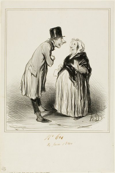 "- Nou ja, het is waar, de dochter van Mame Chopin is gisteren getrouwd met de zoon van Durand. Ik heb net met de jongeman gepraat en uit wat hij me vertelde (in volle vertrouwen), moet ze voor hem wel een paar rare hebben gehad...," plaat 6 uit Les Parisi door Honoré Victorin Daumier