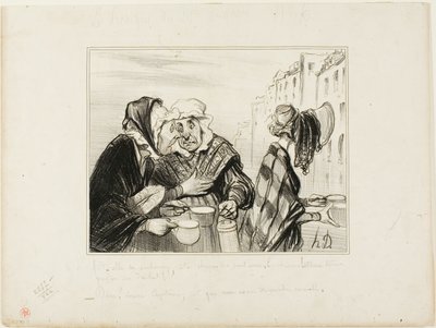 "- Wat een ophef maakt die zure kop van de vijfde verdieping! Een hoed dragen alleen maar om twee kopjes melk voor een sou te kopen! - Oh, Madame Capitaine, zijn we niet sjiek vandaag..." plaat 36 Types Parisiens door Honoré Victorin Daumier