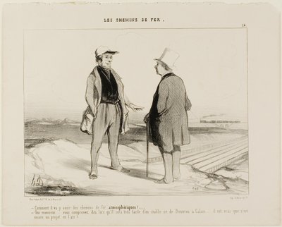 "- Hoe bedoel je, er komen binnenkort luchttreinen - Maar natuurlijk, Monsieur... ziet u, het zal dan heel gemakkelijk zijn om een verbinding tussen Dover en Calais tot stand te brengen... maar het project hangt natuurlijk nog in de lucht," plaat 14 van Th door Honoré Victorin Daumier