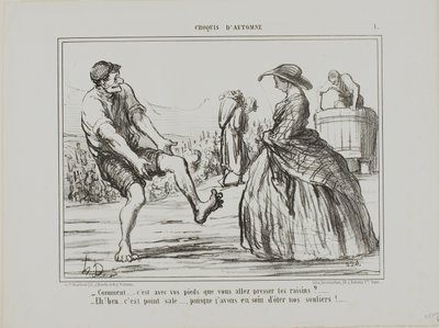"- Wat Je perst de druiven met je voeten... - Tuurlijk, en het is helemaal niet vies... sinds ik mijn schoenen heb uitgedaan!", plaat 1 uit Croquis D