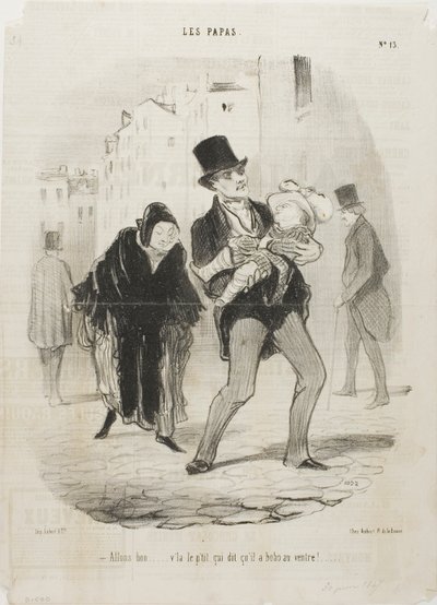 "- Ja goed, maar de arme jongen heeft buikpijn," plaat 13 van Les Papas door Honoré Victorin Daumier