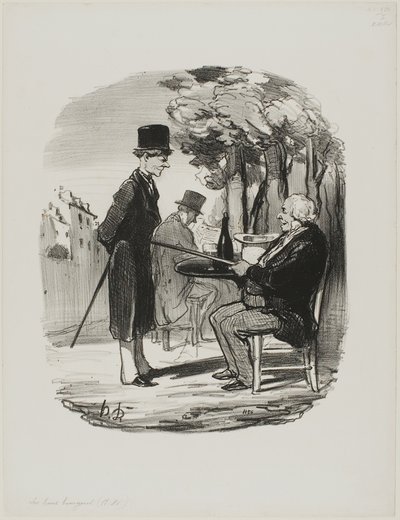 "- Je drinkt vanavond geen flesje bier met ons... Ik kan zien dat je vandaag een privé etentje hebt, jij schurk...," bord 81 van Les Bons Bourgeois door Honoré Victorin Daumier