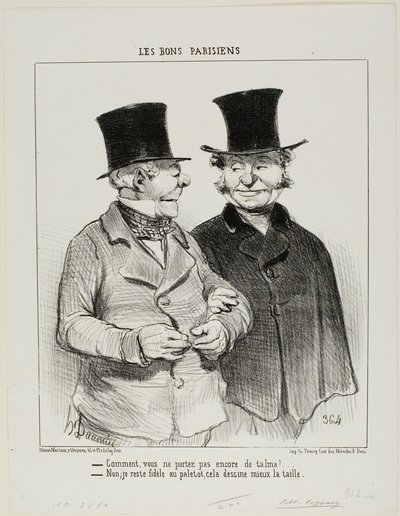 "- Draag je nog geen Talma - Nee, ik blijf trouw aan de overjas, die flatteert mijn taille beter," plaat 1 uit Les Bons Parisiens door Honoré Victorin Daumier