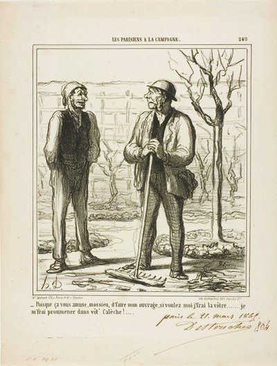 "- Je lijkt het leuk te vinden om mijn werk te doen. In ruil zou ik kunnen aanbieden om jouw werk te doen: Ik zal een ritje maken in uw koets!", plaat 249 uit Les Parisiens A La Campagne door Honoré Victorin Daumier