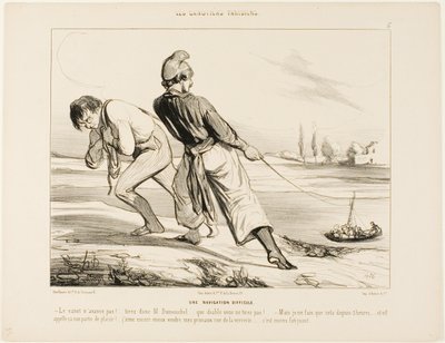 Moeilijke navigatie. "De boot beweegt niet! Trekken Dumouchel, trekken.... waarom de duivel trek je niet! - Maar ik doe de laatste drie uur niets anders dan dat! .... en dit wordt een pleziertochtje genoemd! Ik verkoop nog liever mijn pruimen in de rue de  door Honoré Victorin Daumier