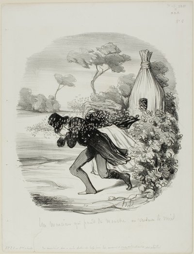 A Gentleman Who Wanted to Study the Habits of Bees too Closely, plaat 6 uit Pastorales door Honoré Victorin Daumier