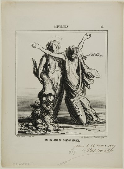 Een kus van omstandigheden, plaat 50 uit Actualités door Honoré Victorin Daumier