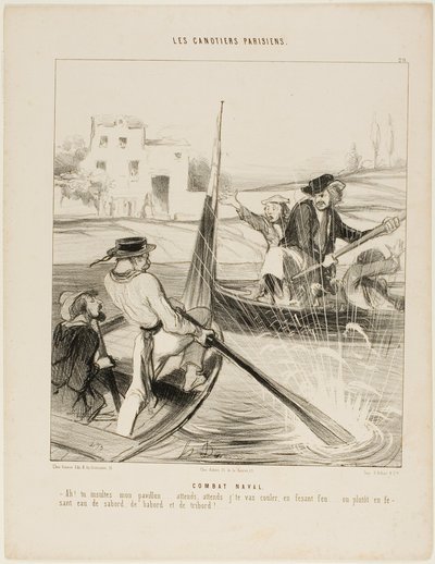 Een zeegevecht. "- Zo, je hebt mijn vlag beledigd! .... wacht maar af, wacht maar tot ik je met een brede kant tot zinken breng! ..... of nog beter, ik zal je van links en rechts en van achteren besproeien met water en...." plaat 20 uit Les Canotiers Paris door Honoré Victorin Daumier