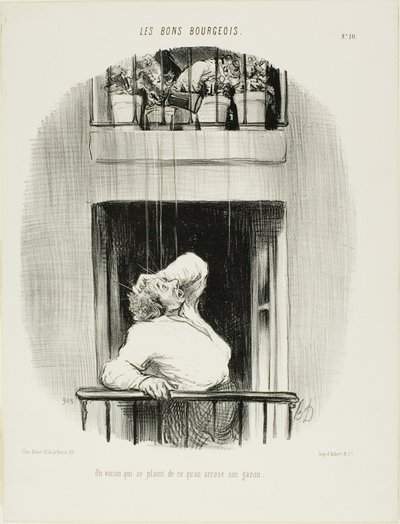 Een buurman die klaagt over het besproeien van zijn gazon, plaat tien uit Les Bons Bourgeois door Honoré Victorin Daumier