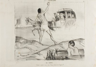 Een grapje uit de praktijk. "Chauffeur! Chauffeur! Heeft u nog twee zitplaatsen in de konijnenafdeling", plaat 24 van Les Baigneurs door Honoré Victorin Daumier