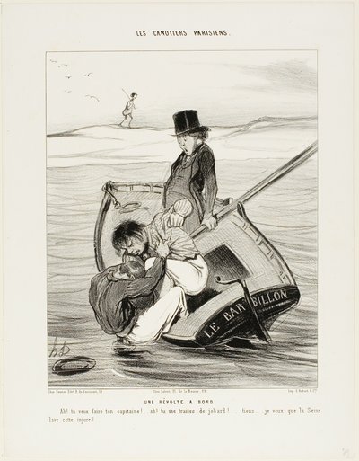 Een opstand aan boord. "- Ah! je wilt je eigen kapitein zijn!... - Ah! je behandelt me als een idioot... hé... Ik hoop dat de Seine die belediging wegspoelt!," plaat 13 uit Les Canotiers Parisiens door Honoré Victorin Daumier