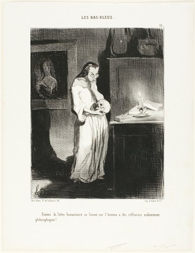 Een humanistische literaire vrouw die zich overgeeft aan de cerebrale filosofische beschouwingen over de mens, plaat 15 uit Les Bas-Bleus door Honoré Victorin Daumier