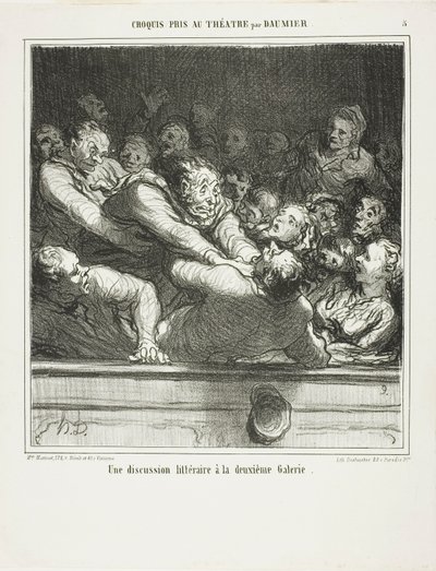 Een literair betoog op de tweede rij, plaat 3 uit Croquis Pris Au Théatre par Daumier door Honoré Victorin Daumier
