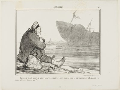 Een passagier die zijn ticket naar NEW YORK op de LEVIATHAN heeft betaald, wacht tot het schip eindelijk te water wordt gelaten, plaat 479 uit Actualités door Honoré Victorin Daumier