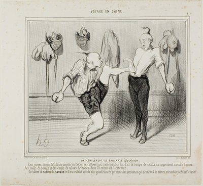 Een aanvulling op een prachtige opvoeding. De jonge Chinezen van de hogere klasse cultiveren niet alleen de kunst van het jachthoorn slaan, ze leren ook stoten uit te delen met de vuist of de hakken van hun laarzen tot in de maag. Dit talent wordt b door Honoré Victorin Daumier