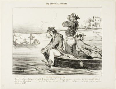 Een ontmoeting in open water. "Hallo... daar beneden... Kapitein, wat is er voor nieuws in Parijs - Niets nieuws eigenlijk... nog steeds gaat er niemand naar de Gaieté of de Ambigu. - Heb je me niets anders te vertellen - Oh ja,... Ik was het vergeten... I door Honoré Victorin Daumier