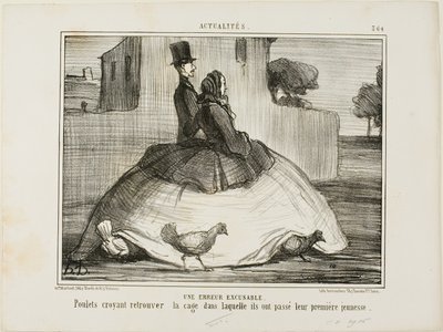 Een verschoonbare fout. Kippen die denken dat ze de kooi hebben gevonden waar ze hun vroege jeugd hebben doorgebracht, plaat 21 uit La Crinolomanie door Honoré Victorin Daumier