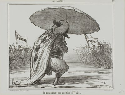 Een paraplu in een moeilijke positie, plaat 119 van Actualités door Honoré Victorin Daumier
