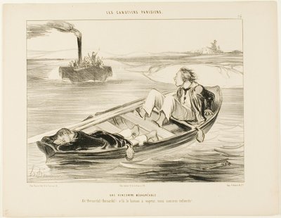 Een onaangename ontmoeting. "Bernardel, Bernardel! Hier komt de stoomboot... we zullen zinken!", plaat 16 uit Les Canotiers Parisiens door Honoré Victorin Daumier