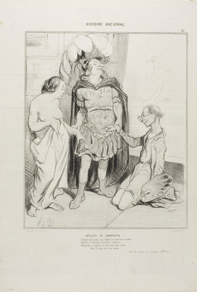 Apelles en Campaste. Zich ervan bewust dat Apelles wegkwijnde van liefde gaf Alexander hem Campeste en boven de eerste kunstdeal ooit werd nu vriendin tegen beeldhouwkunst getroffen, oh wat een geluk! (Uit Kunst en Antiek, een poëtisch essay van M. Cavé),  door Honoré Victorin Daumier