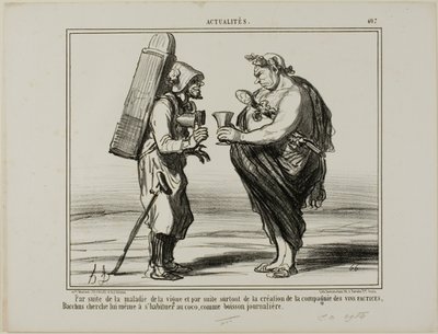 Als gevolg van de wijnziekte, maar ook door de oprichting van de "Society for the Production of Artificial Wine", besluit zelfs Bacchus over te stappen op kokoswater als dagelijkse drank, plaat 407 van Actualités door Honoré Victorin Daumier