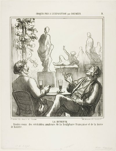 Aan de bar. Ontmoetingspunt voor de echte liefhebbers van Franse beeldhouwkunst en Beiers bier, plaat 5 van Croquis pris à l