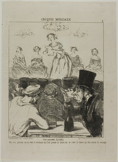 Op de Champs-Elysées. Het is nooit helemaal duidelijk geweest of de muziek het bier doet drinken, of het bier dat je de muziek doet slikken, plaat 3 van Croquis Musicaux door Honoré Victorin Daumier