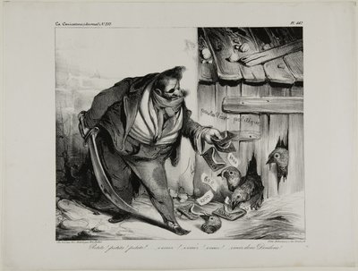 Kom hier Kuikentje, Chick..... Kuiken... Kuiken, kom kleine kalkoenen, bord 442 door Honoré Victorin Daumier