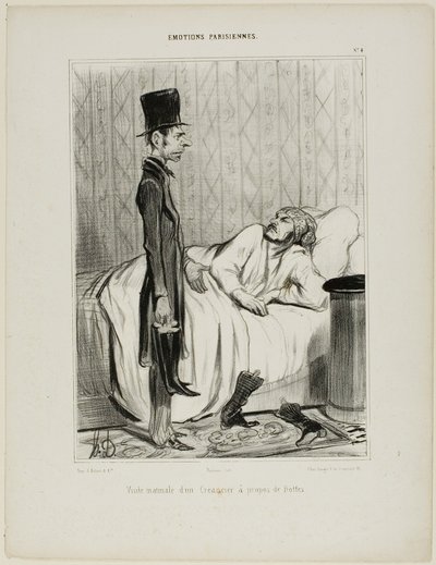 Vroege ochtend bezoek van een schuldeiser betreffende de laarzen, plaat 4 uit Émotions Parisiennes door Honoré Victorin Daumier
